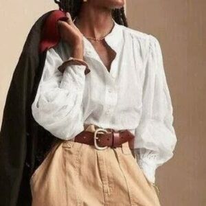 Banana Republic White Long Sleeves Ramie Popover Blouse Top Cuff Details Size M